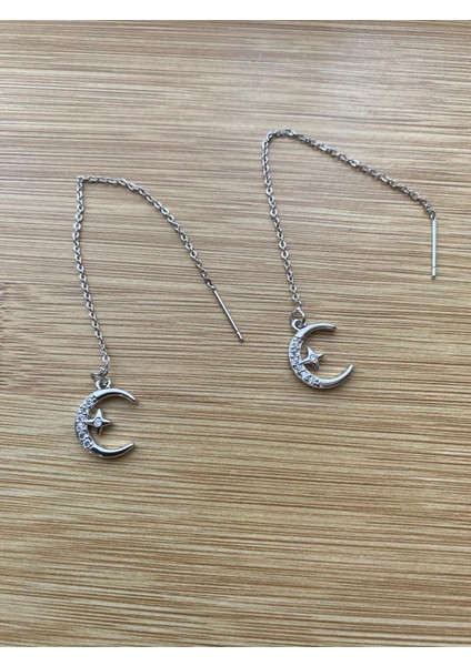 Çelik Gümüş Renk Zirkon Taşlı Zincir Detaylı Küpe fiyatları