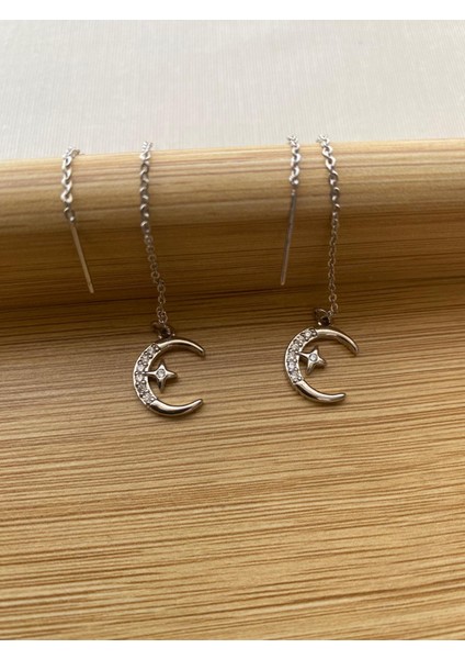 Çelik Gümüş Renk Zirkon Taşlı Zincir Detaylı Küpe fırsatları