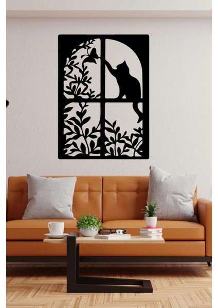 Pencere Kedi ve Kuş Duvar Dekor Sticker 45 x 60 cm modelleri