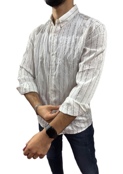Lastman Çizgili Spor Gömlek Beyaz