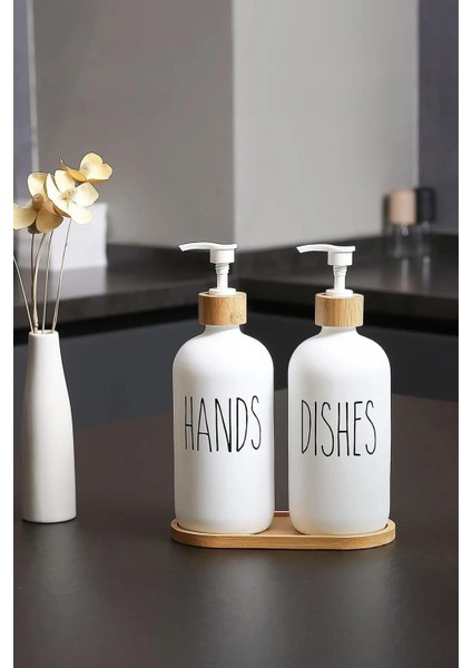 Beyaz Cam Ikili Sıvı Sabunluk Seti 500 ml Bambu Altlıklı fiyatları