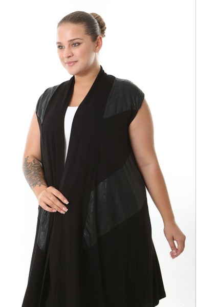 Kadın Büyük Beden Asimetrik Kesim Yelek Esnek Viskon Hırka 25005 Siyah indirimleri