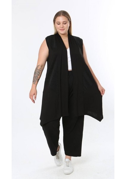 Kadın Büyük Beden Asimetrik Kesim Yelek Esnek Viskon Hırka 25005 Siyah