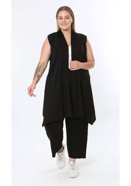 Kadın Büyük Beden Asimetrik Kesim Yelek Esnek Viskon Hırka 25005 Siyah indirimleri