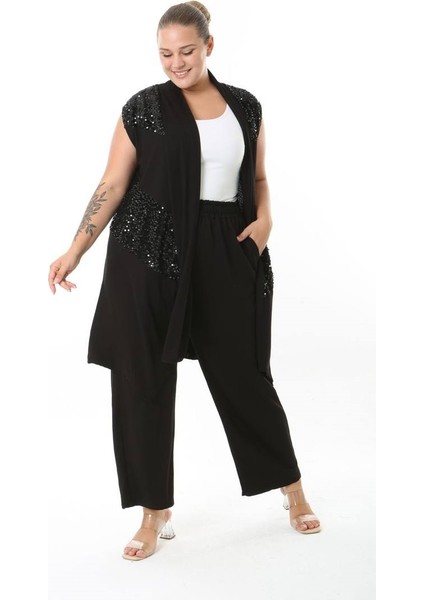 Kadın Büyük Beden Asimetrik Kesim Yelek Esnek Viskon Hırka 25005 Siyah