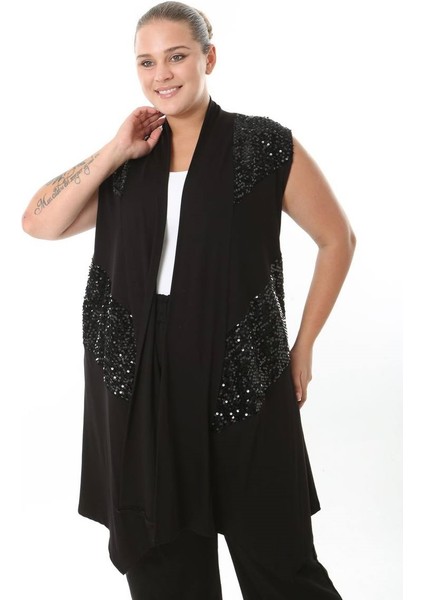 Kadın Büyük Beden Asimetrik Kesim Yelek Esnek Viskon Hırka 25005 Siyah fiyatları