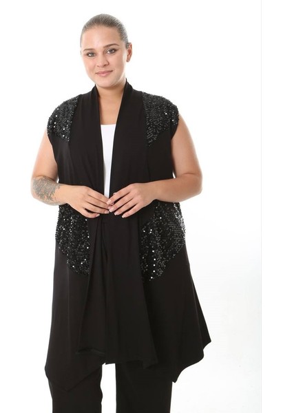 Kadın Büyük Beden Asimetrik Kesim Yelek Esnek Viskon Hırka 25005 Siyah modelleri