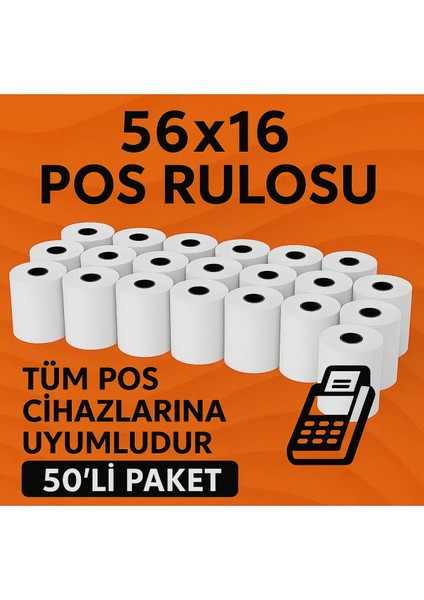 56X16 Termal Pos Kağıdı Rulosu 50'li - Tüm Pos Cihazlara Uyumlu