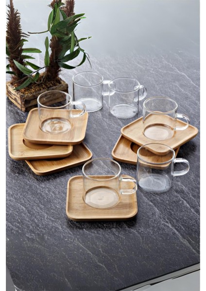 6 Lı Cam Çay Fincanı Seti Bambu Tabanlı 200 ml