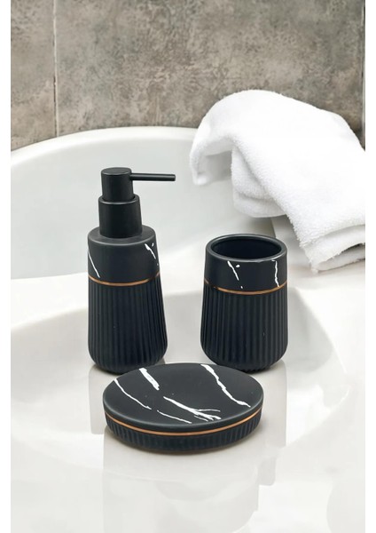 Siyah Mermer Desenli Seramik Banyo Seti 3 Parça