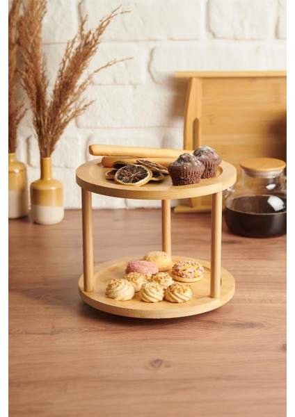 Bambu Iki Katlı Döner Sunumluk 24,5×24,5×18 cm
