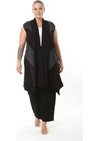 Kadın Büyük Beden Asimetrik Kesim Yelek Esnek Viskon Hırka 25005 Siyah