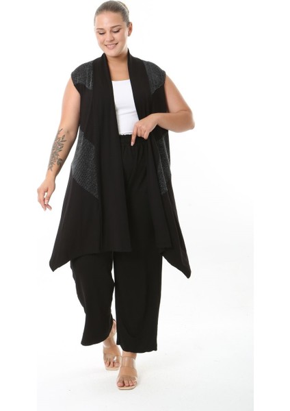 Kadın Büyük Beden Asimetrik Kesim Yelek Esnek Viskon Hırka 25005 Siyah indirimleri