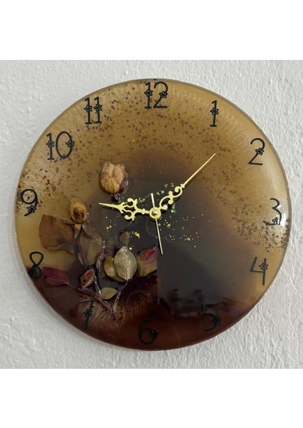 - Beyaz Gül - Koyu Kahverengi - Epoksi Duvar Saati (Özel Tasarım - Tek Üretim) - 30 cm