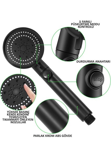 5 Fonksiyon Siyah Duş Seti, Başlık, Askı ve Hortumlu Komple Paket fırsatları