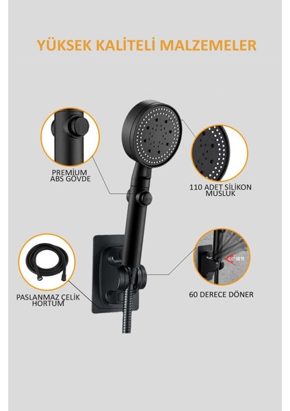 5 Fonksiyon Siyah Duş Seti, Başlık, Askı ve Hortumlu Komple Paket indirimleri