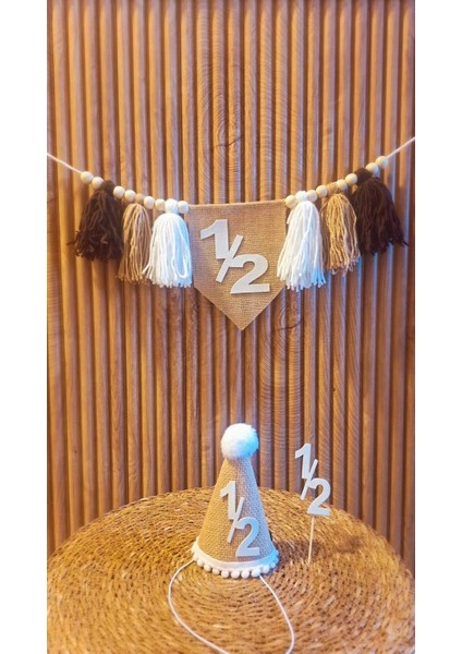 6 Aylık 6 Months Şapka Mama Sandalyesi Duvar Flaması Beyaz 1/2 Yarım Yaş Partisi 3 Lü Set Flama