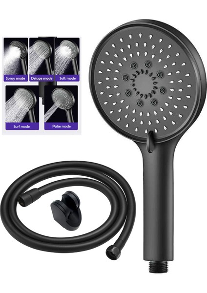 5 Fonksiyonlu Siyah Mafsallı Yuvarlak Duş Başlığı ve Pvc Hortum Seti