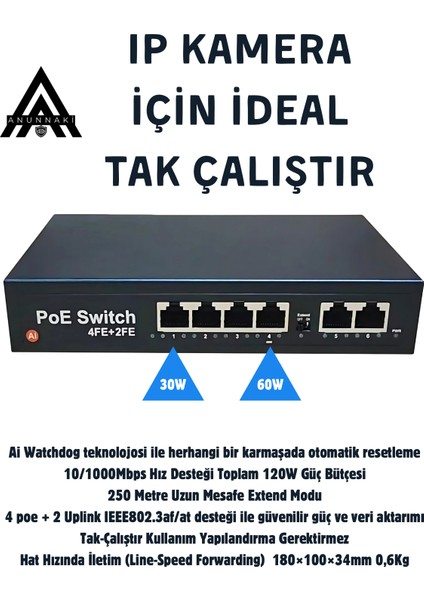 4 Port Poe + 2 Uplink 10/100 Switch (AN-1024MN) 60W Aı Watchdog Ip Kamera Nvr Unmanaged Poe Switch fiyatları