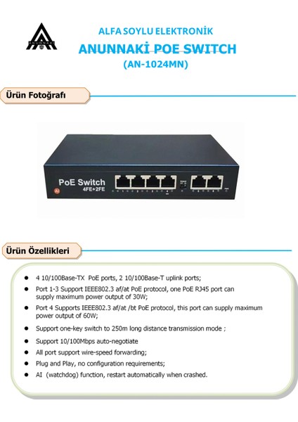 4 Port Poe + 2 Uplink 10/100 Switch (AN-1024MN) 60W Aı Watchdog Ip Kamera Nvr Unmanaged Poe Switch modelleri
