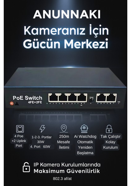 4 Port Poe + 2 Uplink 10/100 Switch (AN-1024MN) 60W Aı Watchdog Ip Kamera Nvr Unmanaged Poe Switch fırsatları