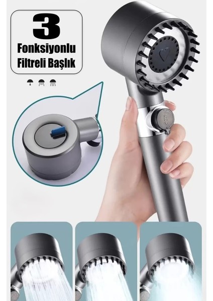 3 Fonksiyonlu Filtreli Yüksek Basınçlı Duş Başlığı Gri