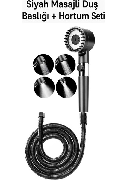 4 Fonksiyonlu Siyah Masajlı Duş Seti, Hortum ve Telefon ile Rahatlatıcı Duş