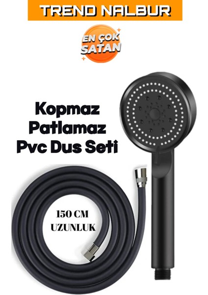 5 Fonksiyonlu Siyah Mat Duş Başlığı Seti, Pvc Hortum ile Kullanım Keyfi