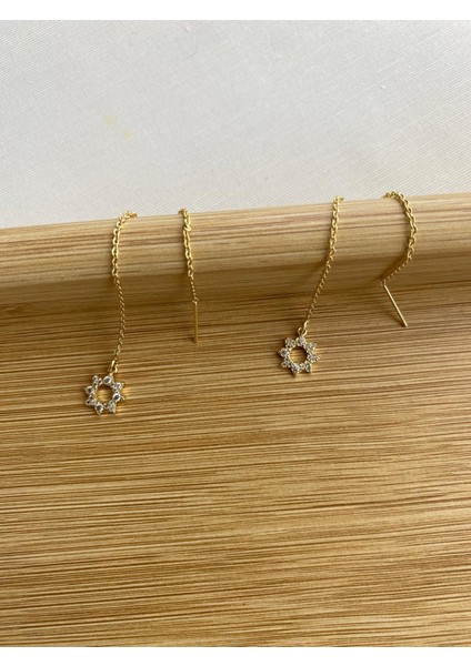 Çelik Altın Renk Zirkon Taşlı Zincir Detaylı Küpe fiyatları