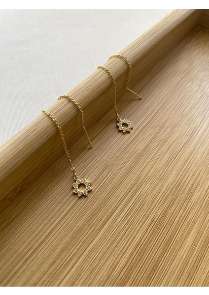 Çelik Altın Renk Zirkon Taşlı Zincir Detaylı Küpe fırsatları