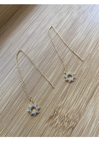 Çelik Altın Renk Zirkon Taşlı Zincir Detaylı Küpe indirimleri