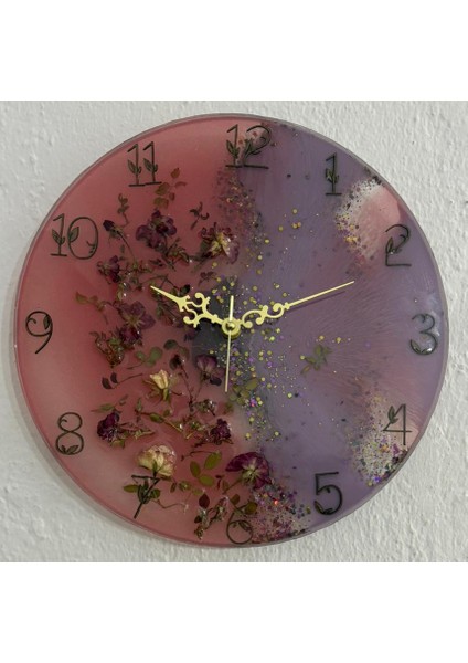 - Pembe Mor Tomurcuk Güllü Epoksi Duvar Saati (Özel Tasarım - Tek Üretim) - 30 cm