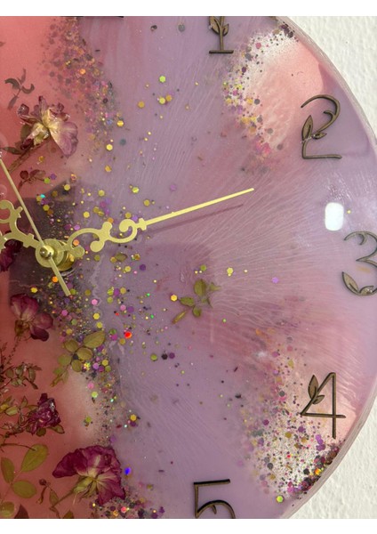- Pembe Mor Tomurcuk Güllü Epoksi Duvar Saati (Özel Tasarım - Tek Üretim) - 30 cm fiyatları