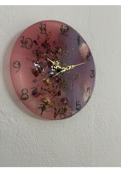 - Pembe Mor Tomurcuk Güllü Epoksi Duvar Saati (Özel Tasarım - Tek Üretim) - 30 cm modelleri