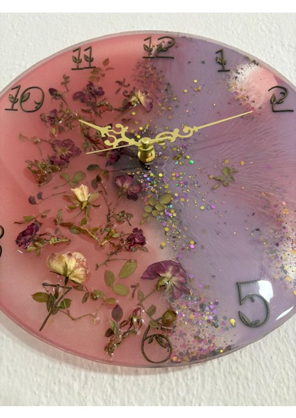 - Pembe Mor Tomurcuk Güllü Epoksi Duvar Saati (Özel Tasarım - Tek Üretim) - 30 cm indirimleri