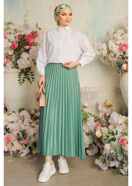 Zarif ve Modern Pileli Parlak Krep Gizli Lastikli Mint Etek ( Lisinya ) fırsatları