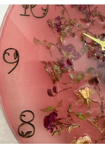 - Pembe Mor Tomurcuk Güllü Epoksi Duvar Saati (Özel Tasarım - Tek Üretim) - 30 cm