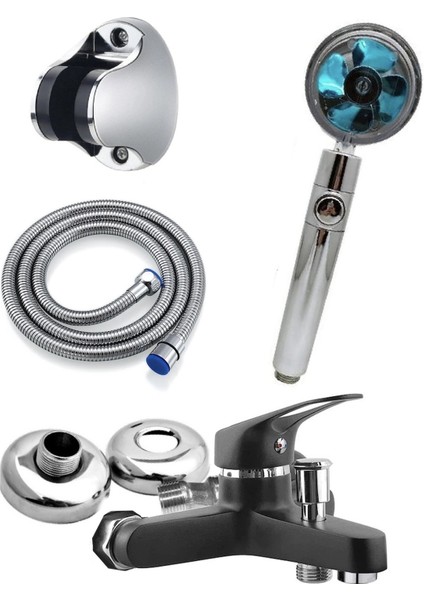 Şık Siyah Krom Banyo Bataryası ve Pervaneli Hortumlu Duş Seti