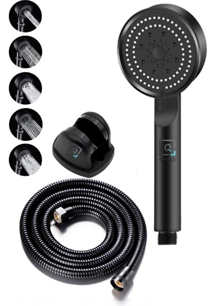 Siyah 3'lü Turbo Duş Başlığı Seti, 5 Fonksiyonlu, Su Tasarruflu, Örgülü Hortum ve Askı ile
