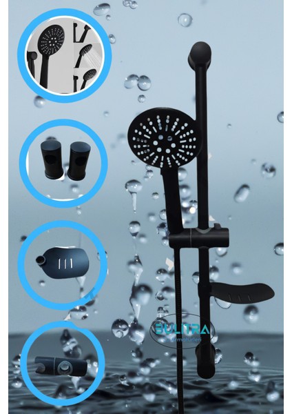Mat Siyah Yuvarlak Çok Fonksiyonlu Sürgülü Duş Seti