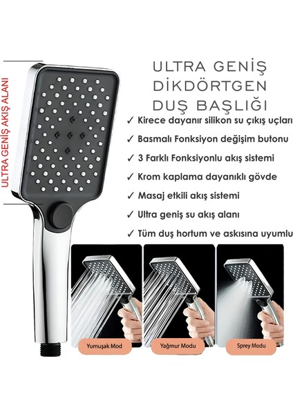 3 Fonksiyon Dikdörtgen Duş Başlığı, Rahat Kullanım ve Tüm Hortumlara Uyumlu modelleri