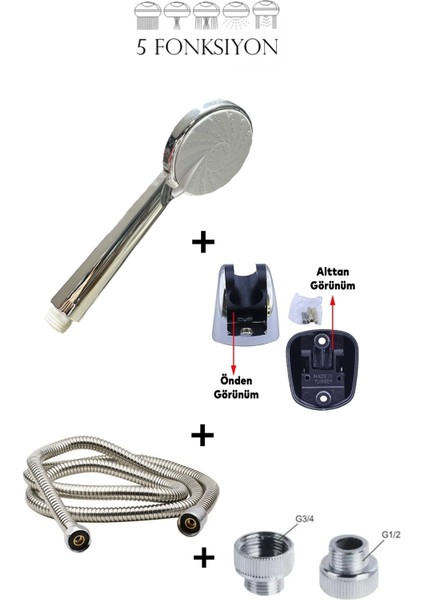 5 Fonksiyonlu Krom Duş Başlığı ve 1,5 M Örgülü Hortumlu Set