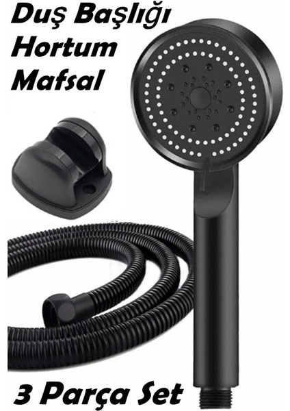 5 Fonksiyonlu Siyah Duş Başlığı ve Hortumu Seti, 150 Cm, Askı Mafsal ile