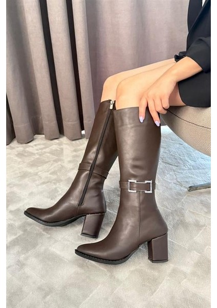 Kadın Paris Koyu Kahve Yandan Fermuarlı Diz Altı Cizme 410