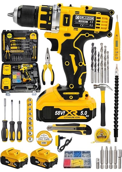 Alman Technology 56 V 5 Ah Darbeli Çift Akülü Şarjlı Vidalama Matkap 32 Parça Hobi Set