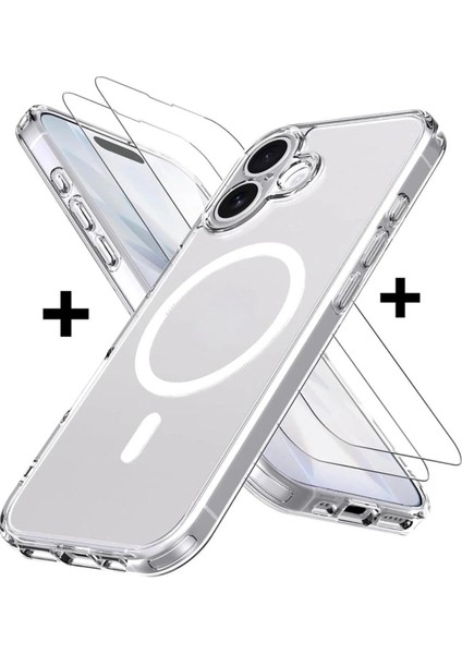 iPhone 17 Kılıf Magsafe Manyetik Şeffaf Clear Silikon + Kırılmaz Ekran Cam Koruyucu 3D Glass Set
