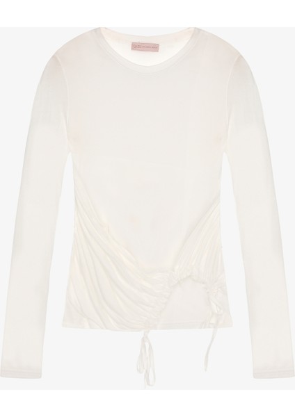 Yan Büzgülü Bağcıklı Transparan Bluz Ekru