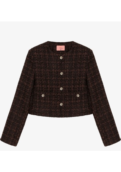 Yuvarlak Yaka Gold Düğmeli Tüvit Ceket Kahverengi