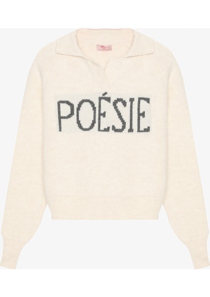 Yazı Desenli Polo Yaka Triko Kazak Ekru