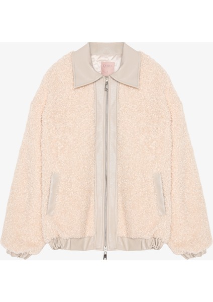 Deri Garnili Peluş Kısa Kaban Bej